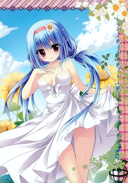 Anime picture 2449x3500 with prismatic world (artbook) shiramori yuse single long hair tall image looking at viewer blush highres light erotic red eyes blue hair scan official art framed girl flower (flowers) hairband sundress