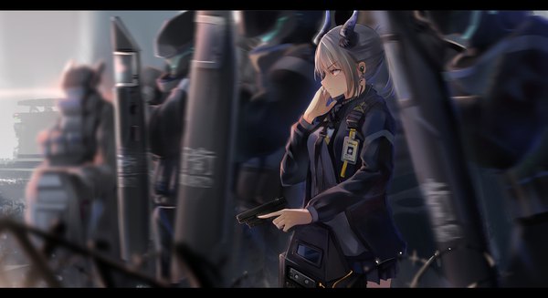 Anime picture 1980x1080 with arknights liskarm (arknights) barrier mao fringe highres short hair red eyes wide image standing holding looking away silver hair outdoors profile pleated skirt horn (horns) blurry letterboxed serious ambiguous gender