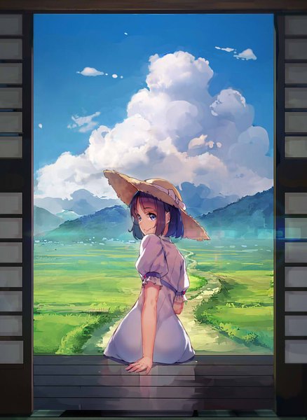 Anime picture 730x1000 with original yasumo (kuusouorbital) single tall image looking at viewer fringe short hair blue eyes sitting sky purple hair cloud (clouds) looking back from behind sunlight arm support short sleeves puffy sleeves mountain girl