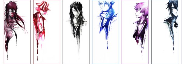 Anime picture 2800x1000 with bleach studio pierrot kurosaki ichigo ulquiorra schiffer hitsugaya toushirou kuchiki byakuya ichimaru gin urahara kisuke pixiv id 4396501 long hair highres short hair black hair wide image white background purple hair group multiview espada column lineup