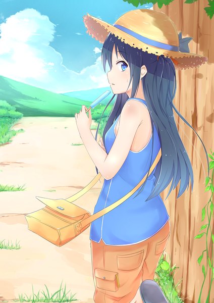 Anime picture 1158x1638 with original ray-en single long hair tall image blue eyes blue hair sky cloud (clouds) profile looking back girl hat food shorts sweets bag ice cream