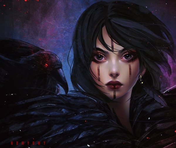Anime picture 1024x863 with original numyumy single looking at viewer short hair black hair simple background upper body wind lips realistic grey eyes lipstick facial mark glowing watermark portrait dark background glowing eye (eyes) eyeshadow