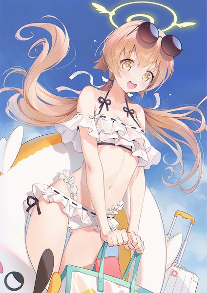 Anime picture 1131x1600 with blue archive hifumi (blue archive) hifumi (swimsuit) (blue archive) mhk (mechamania) single long hair tall image looking at viewer blush fringe breasts open mouth light erotic blonde hair smile standing twintails holding yellow eyes sky