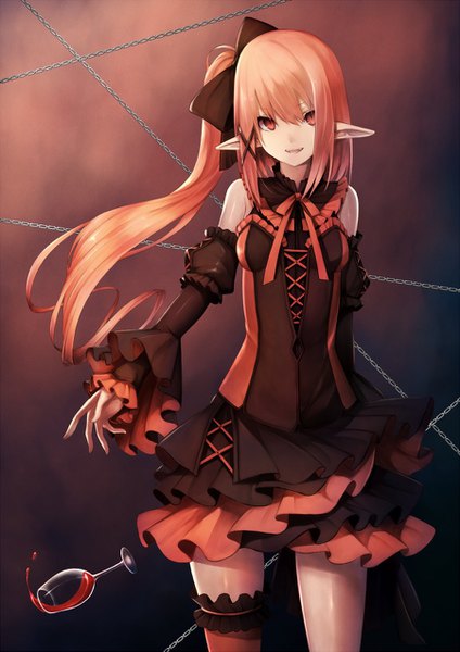 Anime picture 900x1273 with original snm (sunimi) single long hair tall image looking at viewer fringe smile hair between eyes red eyes standing bare shoulders payot pointy ears orange hair side ponytail girl bow hair bow detached sleeves