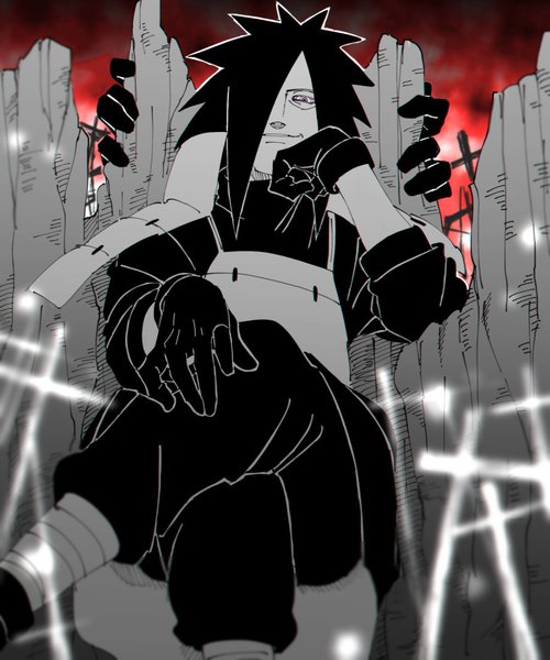 Anime picture 917x1100 with naruto studio pierrot naruto (series) uchiha madara 10birasukima single long hair tall image looking at viewer fringe smile sitting hair over one eye spot color rinnegan boy gloves armor hands