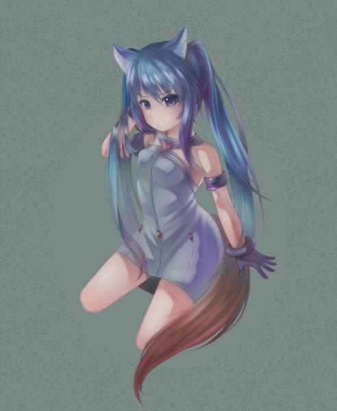 Anime picture 1641x2000 with tera online hick (artist) single long hair tall image looking at viewer blush purple eyes bare shoulders animal ears blue hair animal tail girl gloves