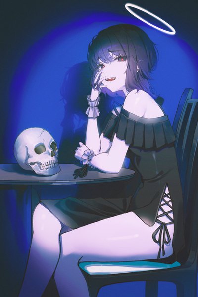 Anime picture 4000x6000 with original domi (hyaku8795) single tall image looking at viewer fringe highres short hair open mouth simple background hair between eyes sitting bare shoulders absurdres black eyes off shoulder teeth shadow fang (fangs) crossed legs
