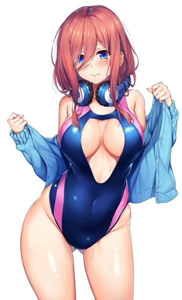 Anime picture 1956x3221 with go-toubun no hanayome nakano miku raiou single long hair tall image looking at viewer blush fringe highres breasts blue eyes light erotic simple background hair between eyes brown hair large breasts standing white background bare shoulders
