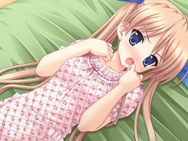 Anime picture 1024x768 with the device records it! (game) long hair blush open mouth blue eyes blonde hair twintails game cg loli girl pajamas
