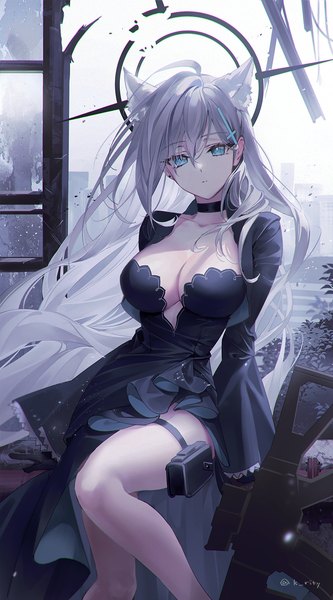 Anime picture 825x1485 with blue archive shiroko (blue archive) shiroko terror (blue archive) rity single tall image looking at viewer fringe breasts blue eyes light erotic hair between eyes large breasts animal ears cleavage silver hair ahoge very long hair official alternate costume girl