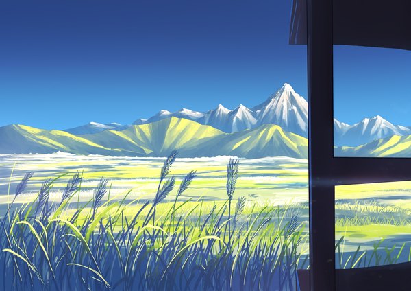 Anime picture 1920x1358 with original arukiru highres sky horizon mountain no people scenic field plant (plants) grass