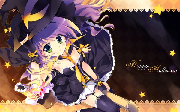 Anime picture 1920x1200 with original rei (rei's room) highres wide image green eyes purple hair braid (braids) halloween witch happy halloween girl thighhighs dress black thighhighs witch hat
