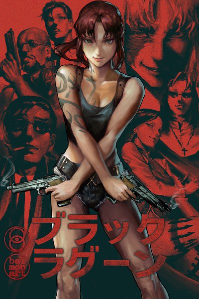 Anime picture 800x1200 with black lagoon madhouse revy (black lagoon) balalaika (black lagoon) okajima rokuro eda (black lagoon) dutch (black lagoon) shenhua mr. chang baimon tall image looking at viewer short hair smile brown hair standing bare shoulders multiple girls holding brown eyes