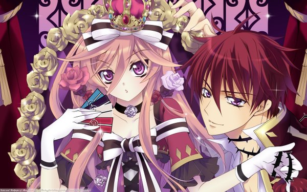 Anime picture 2560x1600 with barajou no kiss yamamoto anise kaede higa long hair highres short hair wide image purple eyes pink hair red hair couple girl dress boy gloves flower (flowers) crown