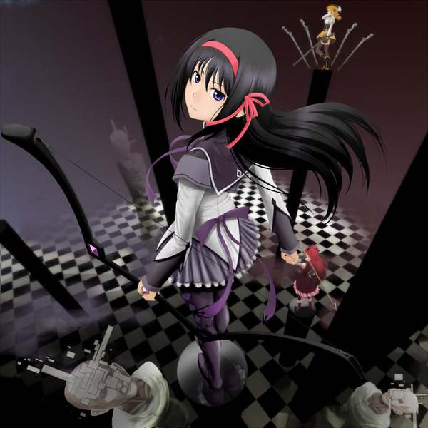 Anime picture 1250x1250 with mahou shoujo madoka magica shaft (studio) akemi homura sakura kyouko tomoe mami tr-6 long hair black hair blonde hair purple eyes multiple girls red hair looking back drill hair checkered floor destruction girl ribbon (ribbons) weapon hair ribbon