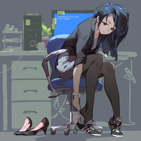 Anime picture 1200x1200 with office lady taiwan original tennohi single long hair sitting brown eyes blue hair full body bent knee (knees) high heels leaning copyright name looking down shoes removed girl pantyhose black pantyhose chair clock