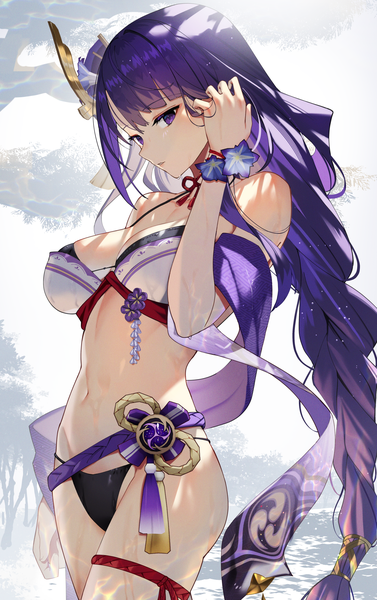 Anime picture 1571x2500 with genshin impact raiden shogun scottie (phantom2) single long hair tall image looking at viewer fringe breasts light erotic simple background large breasts white background purple eyes purple hair blunt bangs braid (braids) very long hair multicolored hair arm up