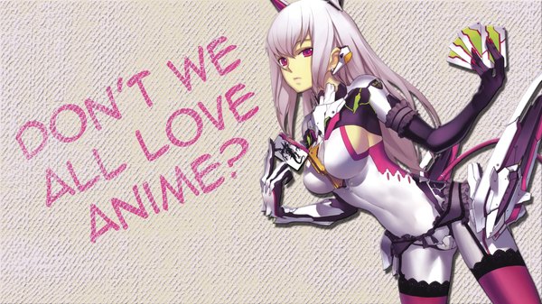 Anime picture 1920x1080 with original nagi ryou single long hair looking at viewer highres light erotic wide image animal ears silver hair pink eyes wallpaper covered navel girl gloves black gloves elbow gloves bodysuit card (cards)