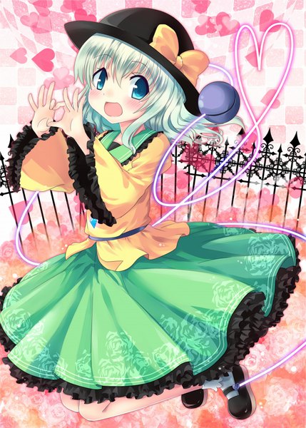 Anime picture 732x1024 with touhou komeiji koishi kapuchii single tall image looking at viewer blush fringe short hair open mouth blue eyes smile hair between eyes full body bent knee (knees) :d pleated skirt green hair wide sleeves jumping