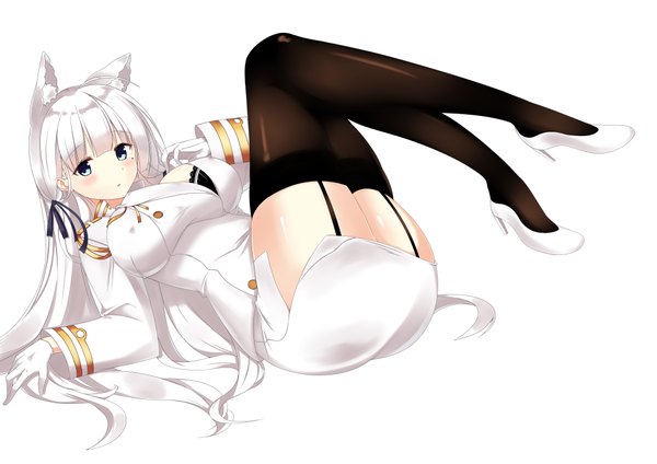 Anime picture 4093x2894 with azur lane illustrious (azur lane) mamizu single long hair looking at viewer blush fringe highres breasts blue eyes light erotic simple background large breasts white background twintails animal ears absurdres full body ahoge