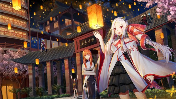 Anime-Bild 1920x1080 mit forever 7th capital yui (forever 7th capital) wen zi (forever 7th capital) ji dao ji long hair looking at viewer highres short hair open mouth black hair blonde hair red eyes wide image sitting multiple girls looking away silver hair lying traditional clothes japanese clothes