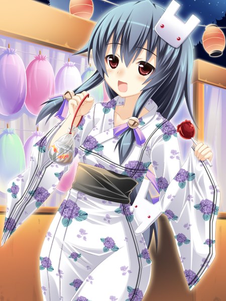 Anime picture 1000x1333 with original usagi nezumi single long hair tall image blush open mouth black hair red eyes japanese clothes girl food kimono obi bell fish (fishes) candy apple