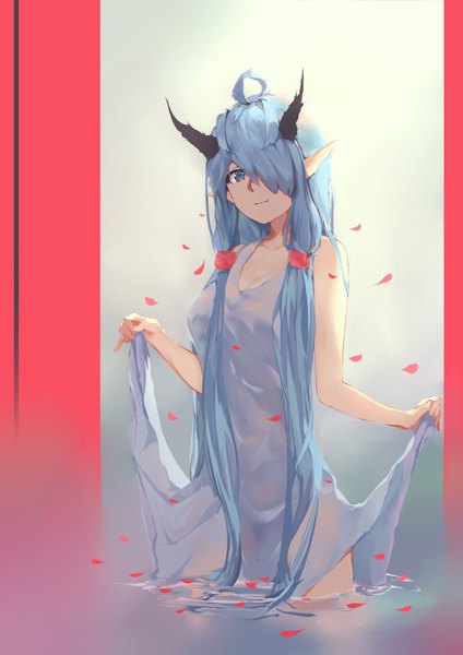 Anime picture 2480x3507 with original grain single long hair tall image looking at viewer fringe highres breasts blue eyes light erotic standing blue hair ahoge head tilt horn (horns) light smile pointy ears hair over one eye gradient background