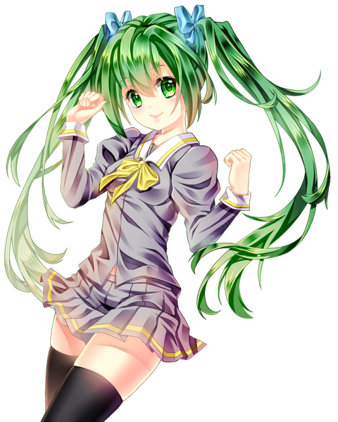 Anime picture 864x1080 with original ayase akuma (original) tonowa (nowayout2012) single long hair tall image blush smile twintails green eyes pleated skirt green hair transparent background girl thighhighs skirt uniform bow black thighhighs hair bow