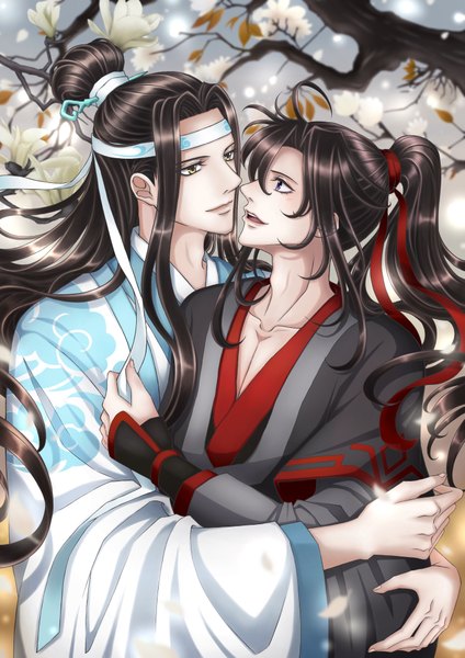 Anime picture 2894x4093 with mo dao zu shi wei wuxian lan wangji yauszelai long hair tall image fringe highres open mouth black hair smile hair between eyes purple eyes yellow eyes looking away upper body ponytail traditional clothes profile wide sleeves