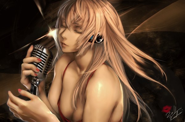 Anime picture 1920x1272 with vocaloid megurine luka simuka (kazakami) single long hair highres blonde hair bare shoulders pink hair eyes closed nail polish lips realistic girl headphones microphone
