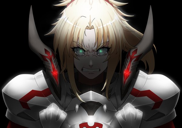 Anime-Bild 4169x2953 mit fate (series) fate/grand order mordred (fate) matoi92 single long hair looking at viewer fringe highres simple background blonde hair green eyes payot absurdres upper body ponytail tears glowing black background glowing eye (eyes)