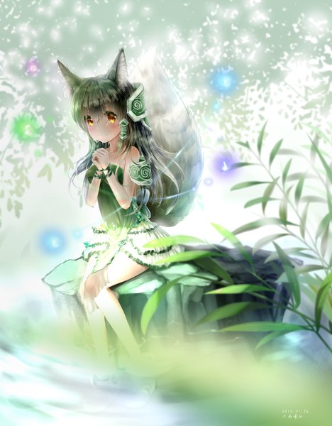 Anime picture 1483x1900 with original futoshi ame single long hair tall image looking at viewer blush fringe smile hair between eyes bare shoulders brown eyes signed animal ears yellow eyes silver hair bent knee (knees) tail animal tail multicolored hair