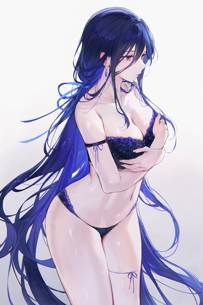 Anime picture 3348x5040 with genshin impact clorinde (genshin impact) qiandaiyiyu single tall image fringe highres breasts light erotic simple background hair between eyes large breasts standing purple eyes blue hair looking away absurdres cleavage very long hair mole