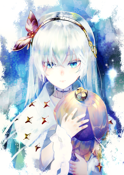 Anime picture 1060x1500 with fate (series) fate/grand order anastasia (fate) viy (fate) reito6 single long hair tall image fringe blue eyes hair between eyes upper body white hair expressionless girl headband crown mantle doll (dolls) ice