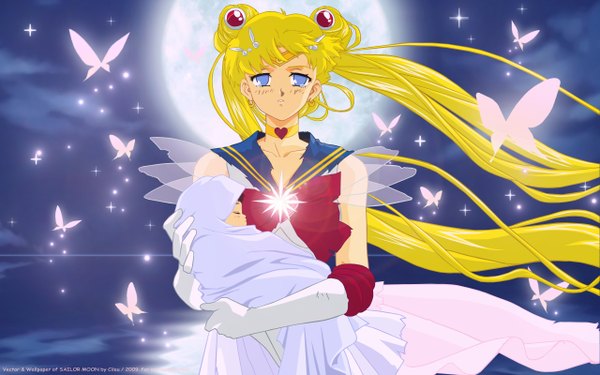 Anime picture 2560x1600 with bishoujo senshi sailor moon toei animation tsukino usagi cilou (artist) long hair looking at viewer blush highres blue eyes blonde hair wide image twintails tears girl gloves hair ornament bow earrings heart hairclip