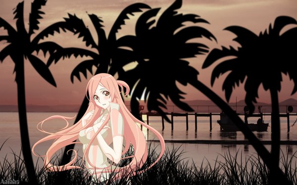 Anime picture 1920x1200 with dragonaut: the resonance gonzo toa single long hair looking at viewer blush highres breasts red eyes wide image signed pink hair cleavage pink eyes hand on chest partially open clothes silhouette photo background girl