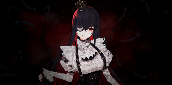 Anime picture 1968x973 with original naomasap single long hair looking at viewer fringe highres breasts black hair simple background smile hair between eyes red eyes wide image standing payot parted lips multicolored hair two-tone hair dark background