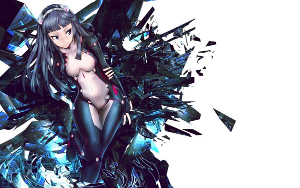 Anime picture 1200x750 with guilty crown production i.g tsugumi infinote single long hair fringe black hair simple background smile wide image standing white background purple eyes hands behind back girl uniform bodysuit debris