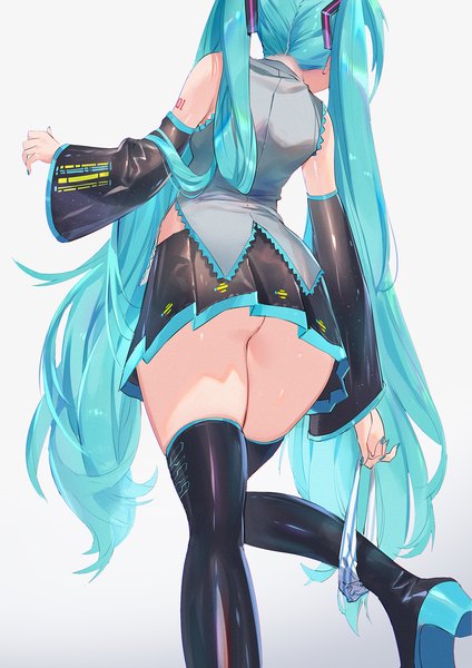 Anime picture 1131x1600 with vocaloid hatsune miku mhk (mechamania) single tall image light erotic simple background standing ass very long hair nail polish pleated skirt from behind aqua hair wide sleeves from below tattoo thighs standing on one leg undressing