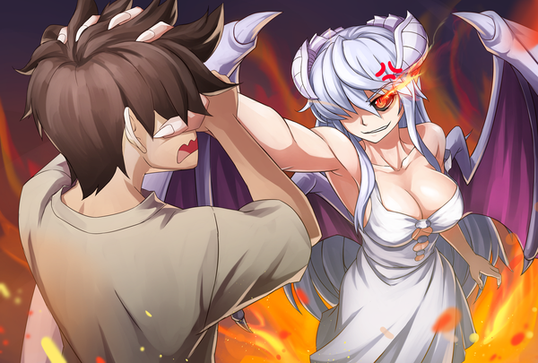 Anime picture 1574x1063 with monster girl encyclopedia original lilim (monster girl encyclopedia) maritan (artist) long hair fringe short hair breasts light erotic smile red eyes brown hair cleavage silver hair horn (horns) fingernails hair over one eye armpit (armpits) glowing demon girl