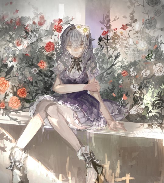 Anime picture 1479x1645 with original manbou no shigai single long hair tall image blush fringe hair between eyes sitting brown eyes looking away bent knee (knees) hair flower light smile grey hair arm support bare legs shadow short sleeves high heels