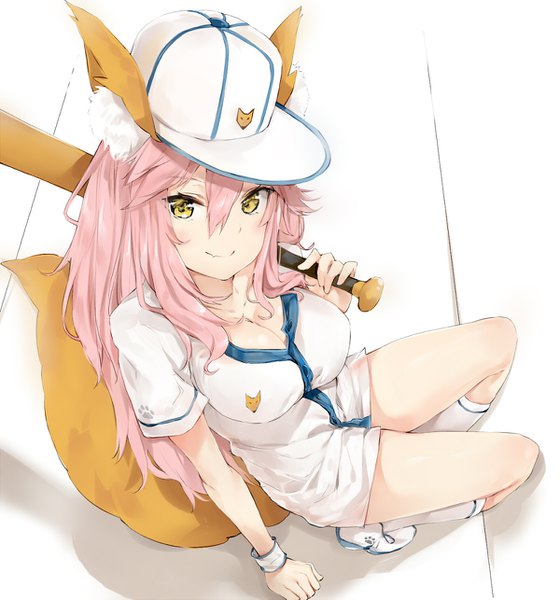 Anime picture 1200x1285 with fate (series) fate/extra tamamo (fate) (all) tamamo no mae (fate) silver (chenwen) single long hair tall image looking at viewer blush breasts smile large breasts white background sitting animal ears yellow eyes payot pink hair tail