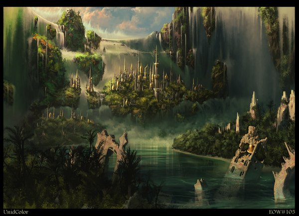 Anime picture 2562x1857 with unidcolor highres cloud (clouds) city landscape framed river ruins rock waterfall floating island tree (trees) water building (buildings) bell forest castle island