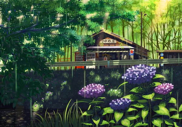 Anime picture 1300x910 with original doora (dora0913) single short hair black hair scenic girl flower (flowers) plant (plants) hat tree (trees) water umbrella forest straw hat fence torii hydrangea shop bus stop