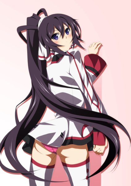 Anime picture 1280x1811 with infinite stratos 8bit shinonono houki ka2 (artist) single long hair tall image blush light erotic black hair purple eyes ponytail looking back pantyshot girl thighhighs underwear panties white thighhighs