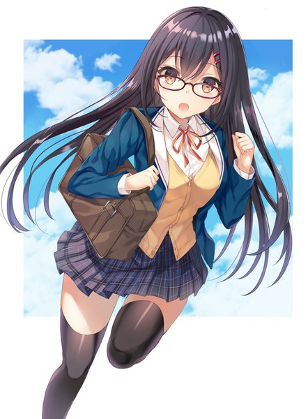 Anime picture 1000x1358 with original harimoji single long hair tall image looking at viewer blush fringe open mouth black hair hair between eyes brown eyes payot sky cloud (clouds) pleated skirt :o floating hair border plaid skirt
