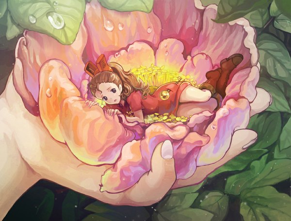 Anime picture 1000x761 with the borrower arrietty studio ghibli arrietty shou (the borrower arrietty) saya (mychristian2) single long hair looking at viewer open mouth brown hair holding ponytail lying reclining minigirl girl dress flower (flowers) plant (plants) water