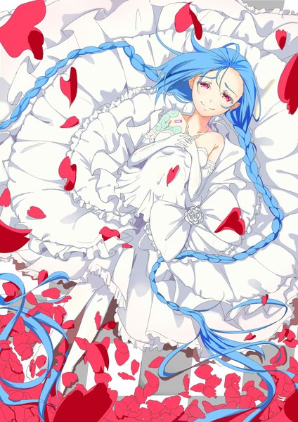 Anime picture 2480x3507 with league of legends jinx (league of legends) mo-blaster single tall image looking at viewer highres smile twintails bare shoulders blue hair lying braid (braids) very long hair pink eyes tattoo alternate costume no shoes twin braids piercing