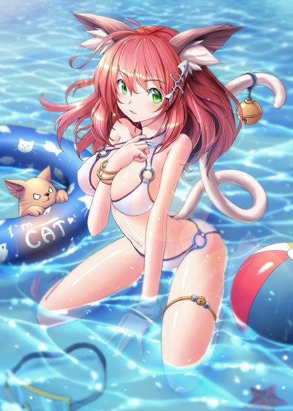 Anime picture 1600x2240 with million arthur (series) kaku-san-sei million arthur original square enix ranken single long hair tall image looking at viewer blush breasts open mouth light erotic large breasts sitting bare shoulders green eyes animal ears cleavage ahoge