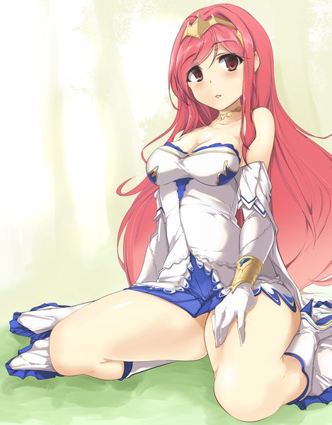 Anime picture 981x1254 with shingeki no bahamut granblue fantasy henriette (shingeki no bahamut) momio single long hair tall image looking at viewer blush fringe breasts light erotic red eyes sitting bare shoulders pink hair cleavage full body bent knee (knees) parted lips